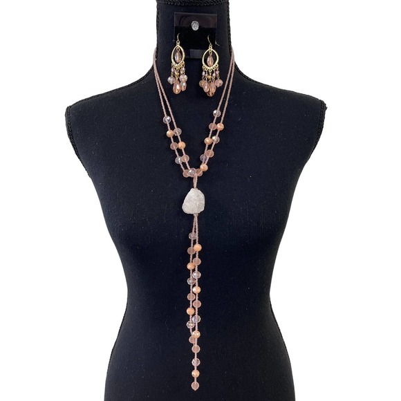 No Label Pink Beaded Stone Necklace & Earring Set - Picture 1 of 5